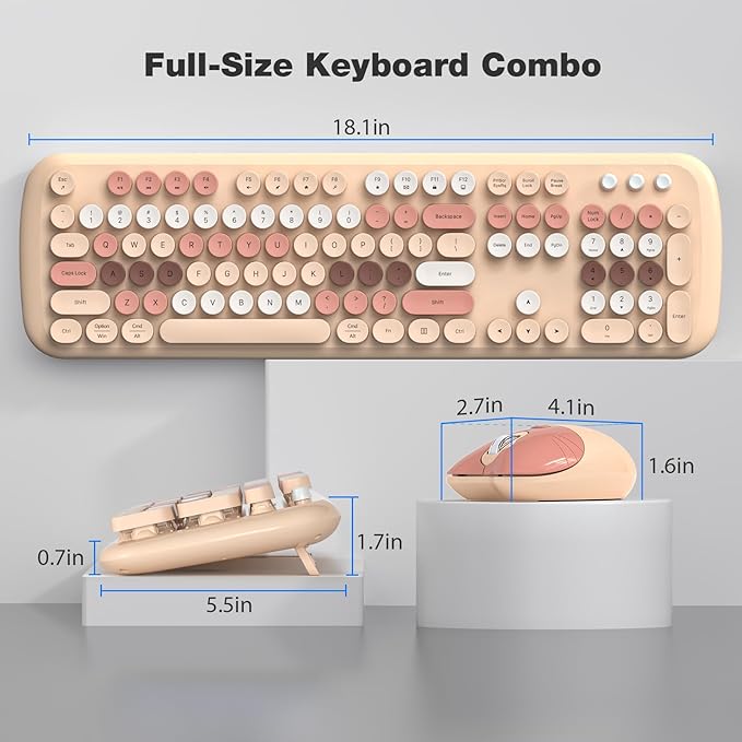 MOFII Wireless Keyboard and Mouse Combo, 2.4G Full-Size Retro Typewriter Computer Keyboard and 3 Level Adjustable Wireless Mouse for Windows, Mac OS Desktop/Laptop/PC-Milk Tea Colorful