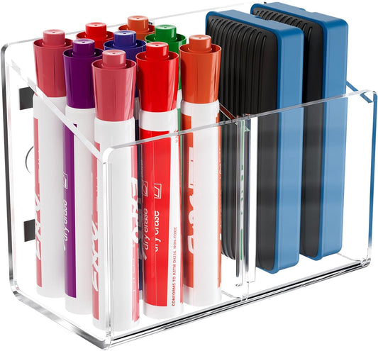 MaxGear Magnetic Dry Erase Marker Holder, Clear Acrylic Pen & Marker Organizer with 2 Compartments for Fridge, Whiteboard, Wall & Locker