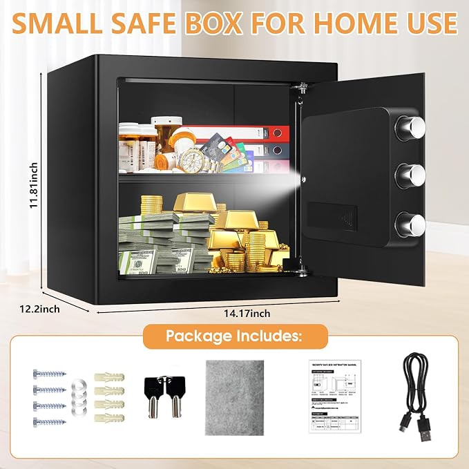 1.8 Cub Small Fireproof Safes for Home, Digital Security Home Safes Fireproof Waterproof with Programmable Keypad Keys and Alarm System, Anti-Theft Fire Safe Box for Document Money Valuables