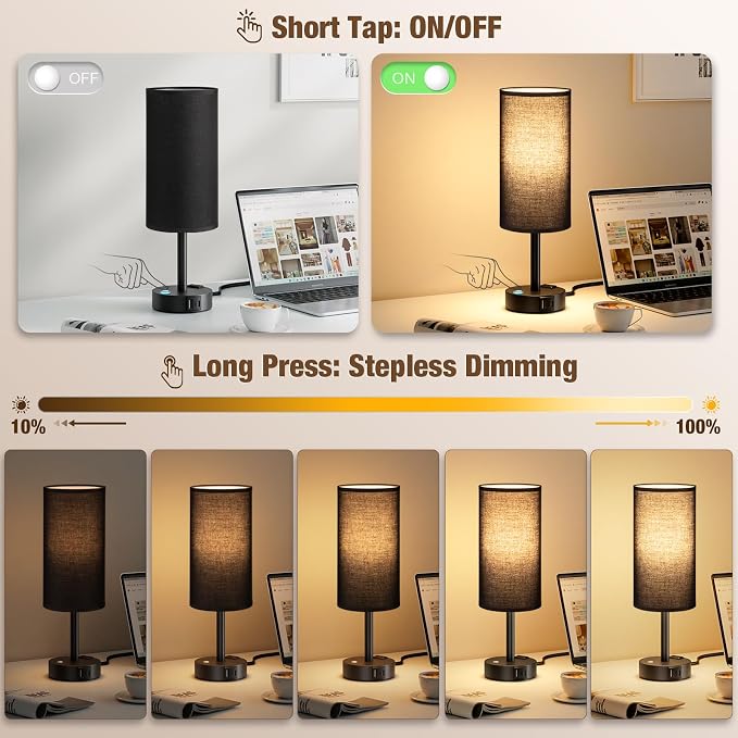 Black Touch Bedside Lamp for Bedroom, Stepless Dimmable, USB A+C, AC Outlet | Base Touch Button Only, Memory Brightness, Ultra-dim Night Light, Included Bulb for Optimal Dimming, Black Fabric Shade, Desk