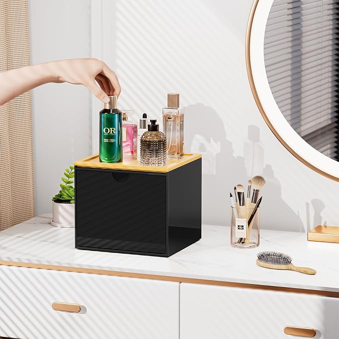 VITVITI Drawer Disposable Face Towel Holder Box, Acrylic Storage, Black | Face Towels Holder Container for XL Clean Skin Club, Facial Towel Storage with Bamboo Lid, for Bathroom, Vanity Makeup