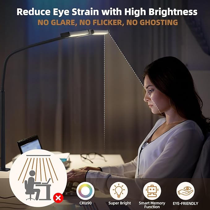 Motumen Led Desk Lamp for Home Office, Eye-Care Desk Light Clamp, Black | Smart Double Head Computer Monitor Table Clip Lamp, Adjustable Flexible Goose-Neck, 25 Lighting Models, Task Lamp