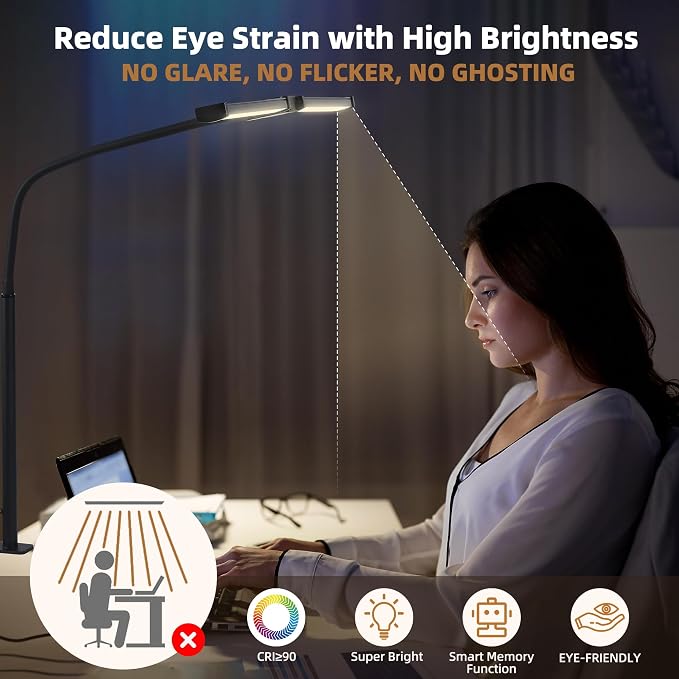 Motumen Led Desk Lamp for Home Office, Eye-Care Desk Light Clamp, White | Smart Double Head Computer Monitor Table Clip Lamp, Adjustable Flexible Goose-Neck, 25 Lighting Models, Task Lamp