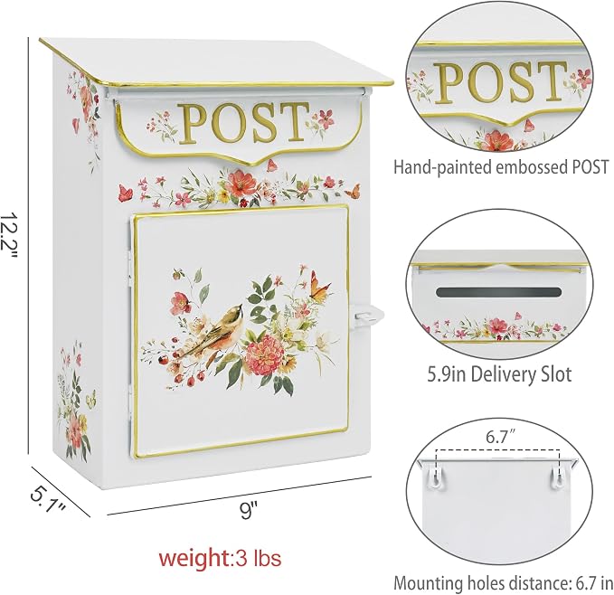 Mailbox Wall Mount Mailboxes for Outside Vintage Mail Boxes for House Outside Metal Drop Box Antique Style Nostalgic Charm Home Decorative, Flower Pattern White