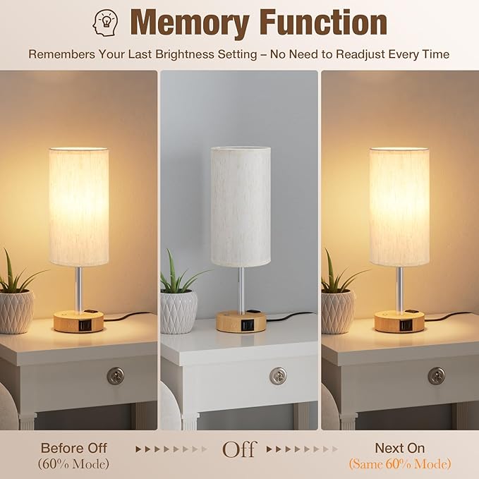 Touch Bedside Table Lamp for Bedroom, Stepless Dimmable, USB A+C, AC Outlet | Base Touch Button Only, Memory Brightness, Ultra-dim Night Light, Included Bulb for Optimal Dimming, Wood Grain Base, Nursery