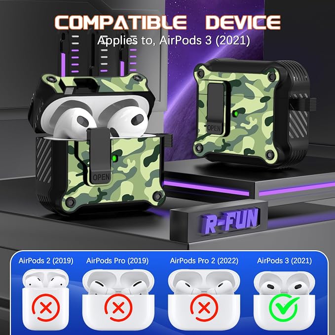 for AirPods 3 Case Cover with Lock Magnetic Lid, Rain Camo | Compatible with Apple AirPods 3rd Generation (2019) Case with Cleaner Kit & Carabiner, Powerful Drop Protection