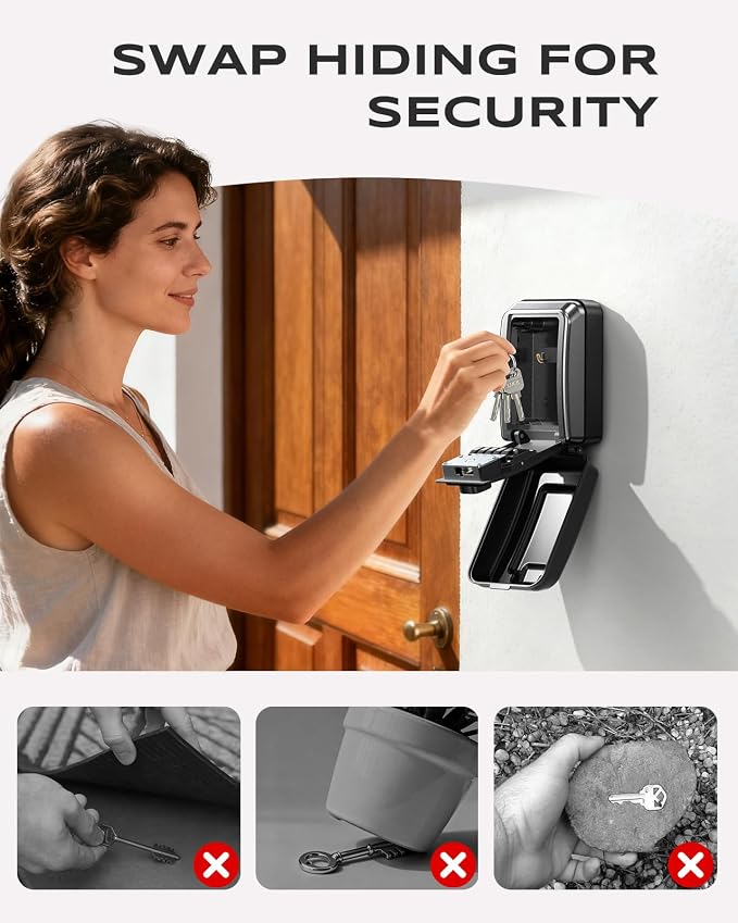Wall-Mounted Lock Box for Keys with Code, Large Capacity 4 Digits Combination Key Lock Box with Resettable Spare Key, Weatherproof Key Safe Storage Lockbox for Home, Apartment, Office, Black