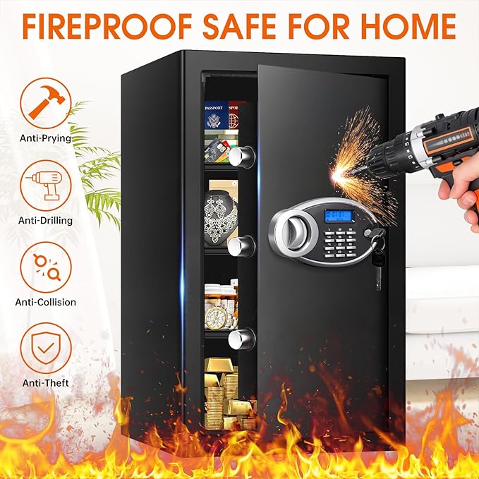 5.2 Cuft Large Safes for Home Use Fire and Water Proof, Heavy Duty Fireproof Safe with Programmable Keypad and Spare Keys, Anti-Theft Personal Security Home Safe Box for Money Document