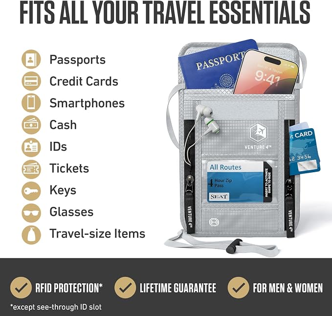 VENTURE 4TH Travel Neck Wallet, RFID Blocking Passport Holder - Silver