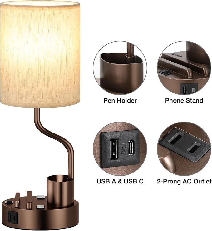 Bedside Lamps for Bedroom Set of 2 - Table Desk Lamp for Nightstand | 15" Table Lamp for Living Room with Pen Holder & Phone Stand, USB A+C Port, AC Outlet, 3 Color Temperature, LED Bulb Included