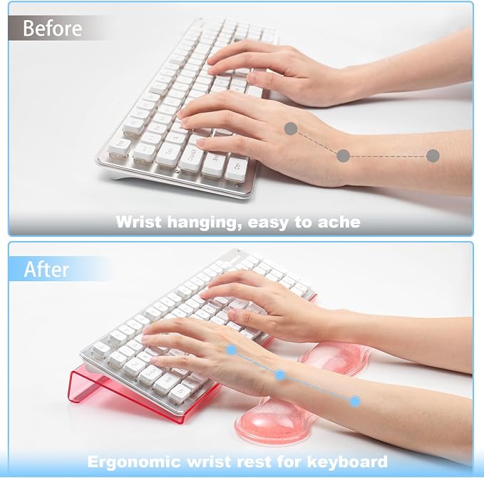 Pink Acrylic Ergonomic Keyboard Stand with Clear Gel Wrist Rest | for Desktop Clear Keyboard Holder with Soft Wrist Support, Aesthetic Desk Accessories for Office, Gaming & Home