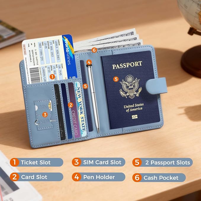 Melsbrinna Premium Leather Passport Holder Covers Case, Waterproof Rfid Blocking Travel Wallet Passport Holder with Pen Holder, Cute Passport Book for Women/Men