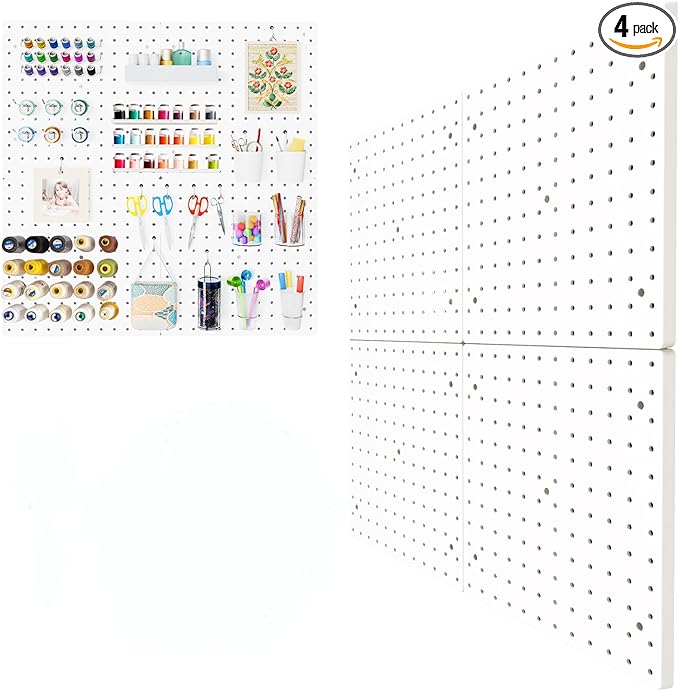 FZK Plastic Pegboard Wall Organizer Kit, 12x12, 4 Pack, White | Durable ABS material, compatible with 1/4"and 1/8" pegboad accessories, includes adhesive or drill installation accessories