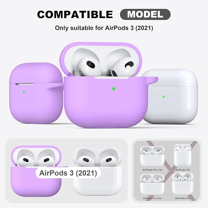 R-fun Compatible with AirPods 3 Case Cover, Silicone Protective Accessories Skin with Keychain Compatible with Apple AirPod 3rd Generation 2021 for Women Men Girls Boys,Front LED Visible,Lavender