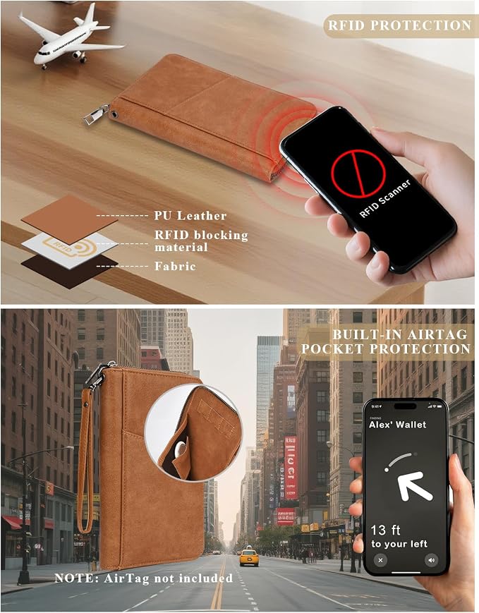Family Passport Holder Wallet RFID Travel Document Organizer for Women Men, Portable Case Cover for Cards, Boarding Pass with Wrist/Neck Strap, Airtag Pocket, Travel Essentials Gifts -Light Brown, 1pc