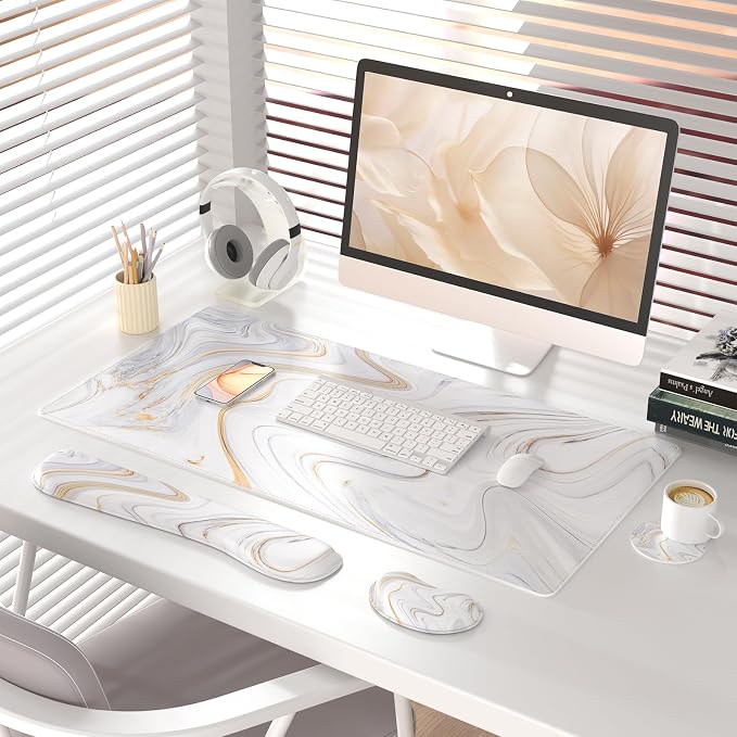 QIYI PU Leather Desk Mat Set, 4-in-1 Ergonomic Wrist Rest, Marble Stripes | Waterproof Large Mouse Pad 31.5×15.7 + Keyboard Wrist Rest + Mouse Wrist Support+Coaster, Non-Slip Office Gaming Accessories