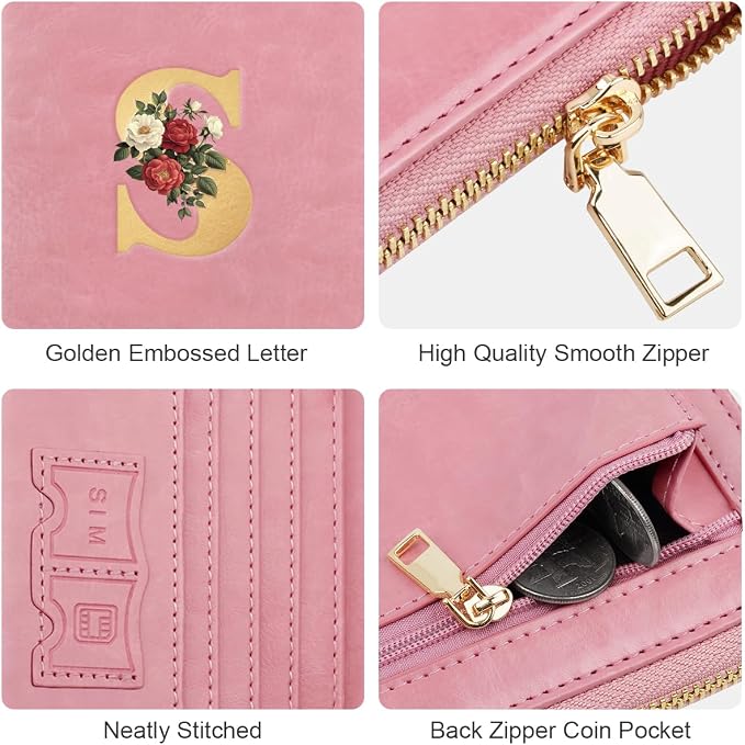 Passport Holder for Travel Personalized Wallet with Wristlet Women | All-in-One Passport Cover, RFID Blocking, Back Coin Pocket, Paper Money Slot, Zipper Closure, Roses Initial Letter, Pink S