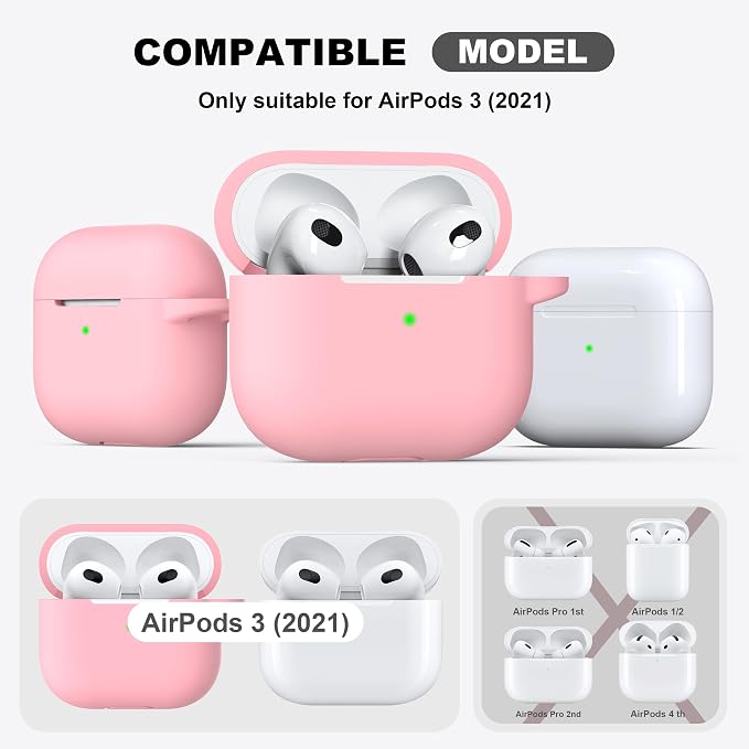 R-fun Compatible with AirPods 3 Case Cover, Silicone Protective Accessories Skin with Keychain Compatible with Apple AirPod 3rd Generation 2021 for Women Men Girls Boys,Front LED Visible,Pink