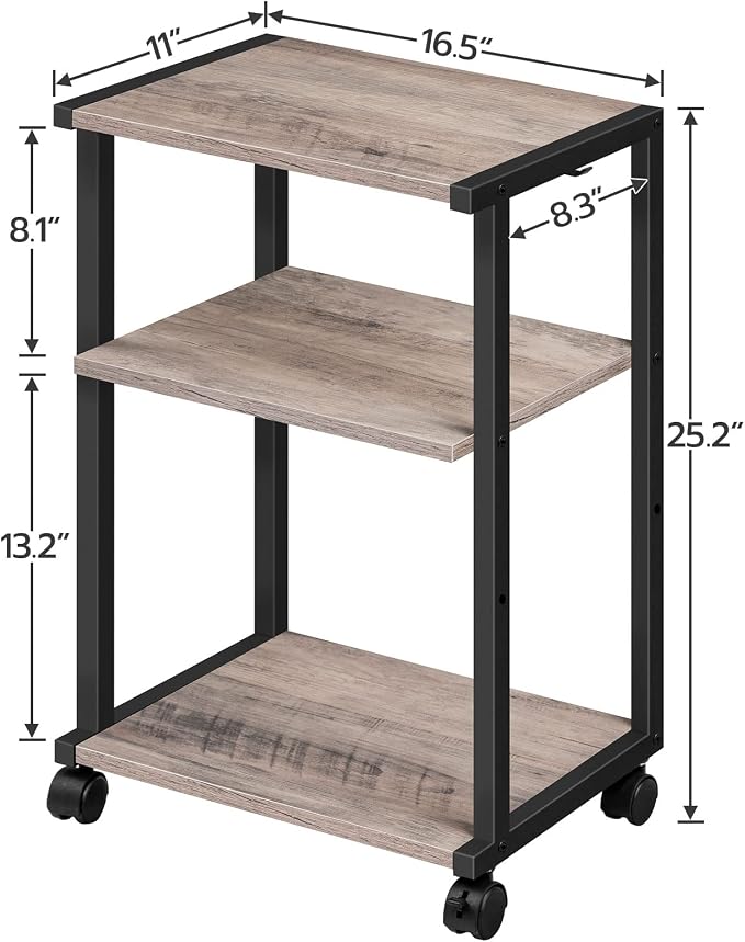 HOOBRO Mobile Printer Stand, 3-Tier Printer Cart Under Desk with Storage, Industrial Adjustable Rolling Cart, Sturdy Little Table on Wheels for Home Office BG28PS01N1