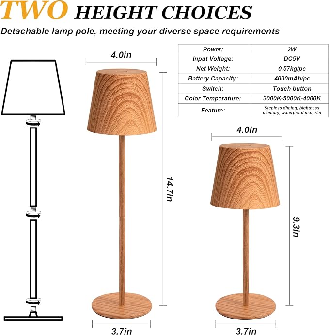 Kakanuo Wood Grain Cordless Table Lamp Rechargeable - 2 Pack 5000mAH Battery Operated Lamp for Counter, 3 Color Stepless Dimming Wireless Lamp for Dining Kitchen, Outdoor Patio, Touch Control