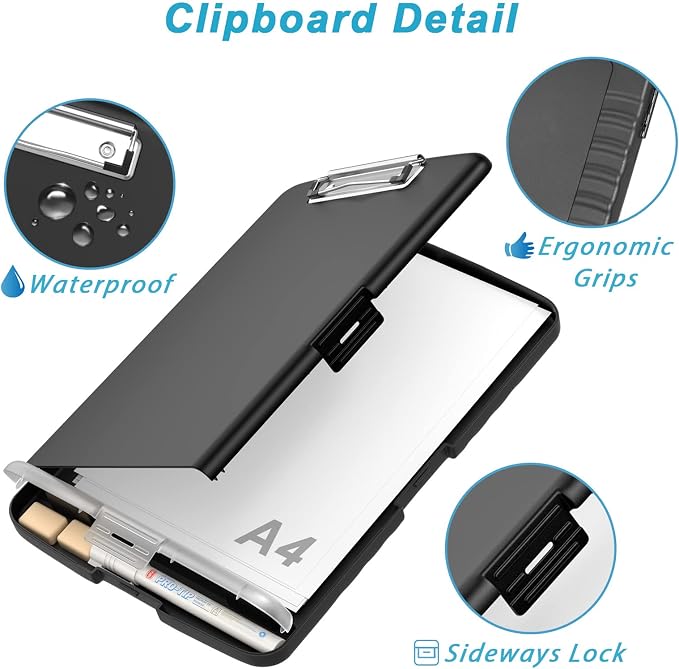 Rimilak Clipboard with Storage, 8.5 x 11'' High Capacity Clip Board, Black | Smooth Writing, Side-Opening Plastic Folder with Pen Holder, Size 14.2 x 9.6 x 1.2″ ,for Classroom, Teacher, Student