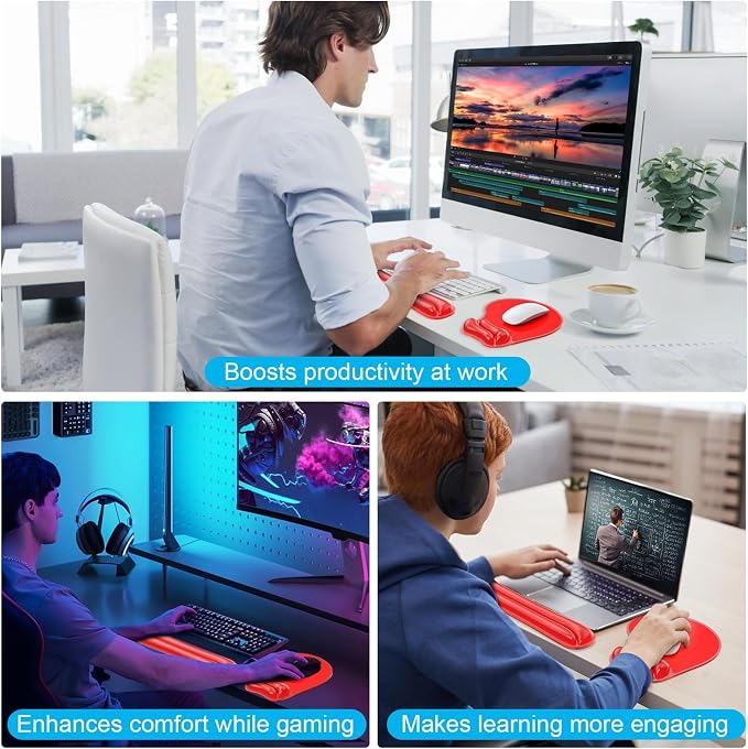 Gel Wrist Rest Mouse Pad Set, Ergonomic Support for Office Gaming | Ergonomic Keyboard and Mousepad with Wrist Support,Cooling Comfort, Non-Skid Base, Easy Clean, for Home and Work Desk Red