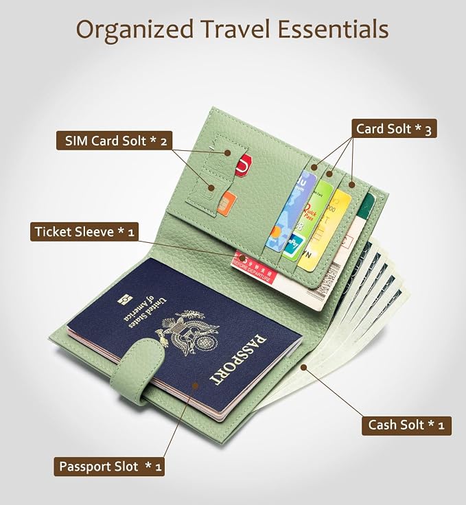 Leather RFID Passport Holder for Travel Women with Gift Box | Slim Passport Wallet with 1 Passport Slot & 3 Card Slots, Zipper Coin Pocket & Gift Box – Passport Cover Case (Light Green)