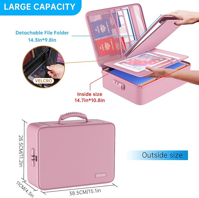 ENGPOW Fireproof File Organizer Bag with 13 Pockets Accordion File Folder | 5200℉ Document Organizer Box with Lock & Labels, Multi-Layer, Portable Home Safe Storage for Important Documents, Pink
