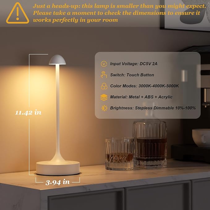 Kakanuo Rechargeable Cordless Table Lamp, Battery Operated Lamps, 3-Color Stepless Dimming, Portable Wireless Desk Lamp, LED Lighting for Dining Room, Restaurant, Office, Bar, Home(White 2 Pack)