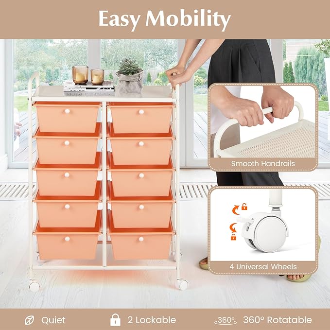 10 Drawer Rolling Cart, Storage Cart Organizer on Wheels, Drawer Cart with Metal Frame & Large Storage Capacity, Rolling Cart with Drawers for Living Room Classroom, Office