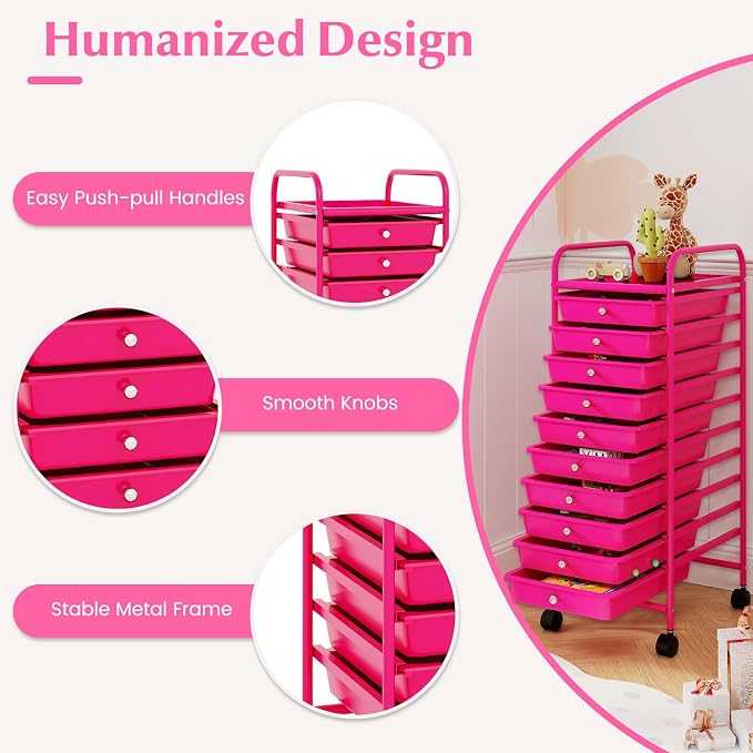 GLACER 10 Drawers Rolling Cart, Storage Cart with w/Removable Drawers & Steel Frame, Utility Mobile Trolley w/Universal Casters & 2 Brakes, Organizer Cart for Home, School, Office (Hot Pink)