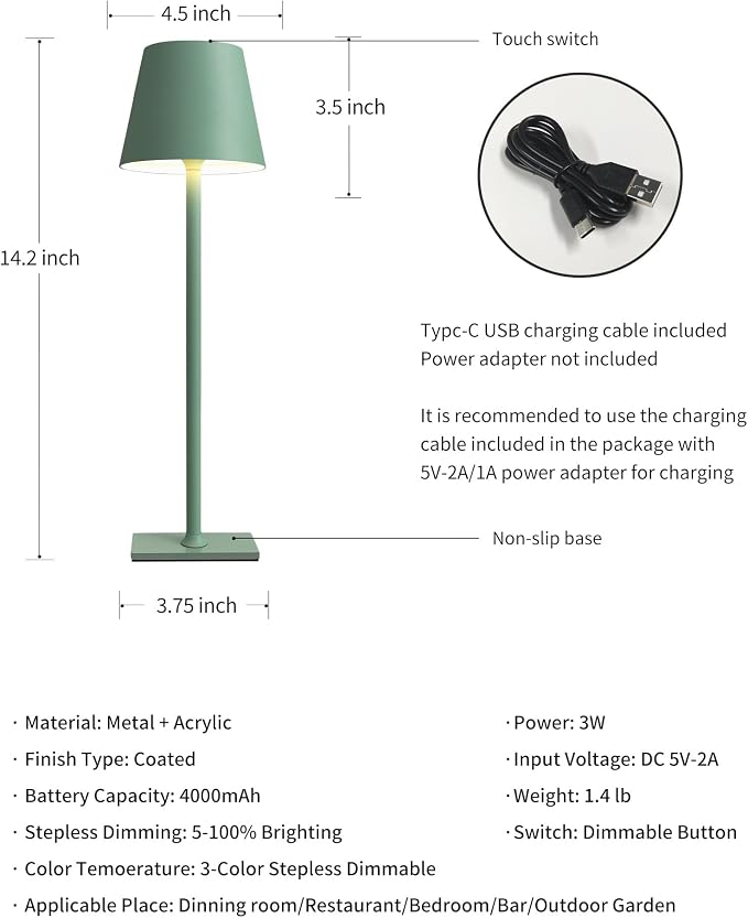 KDG 2 Pack Cordless Green Table Lamps, Rechargeable Portable LED Desk Lamps | 4000mAh Battery Operated 3 Color Stepless Dimming Up for Restaurant, Bedroom, Outdoor Party, Camping, Coffee Shop, Nightlight