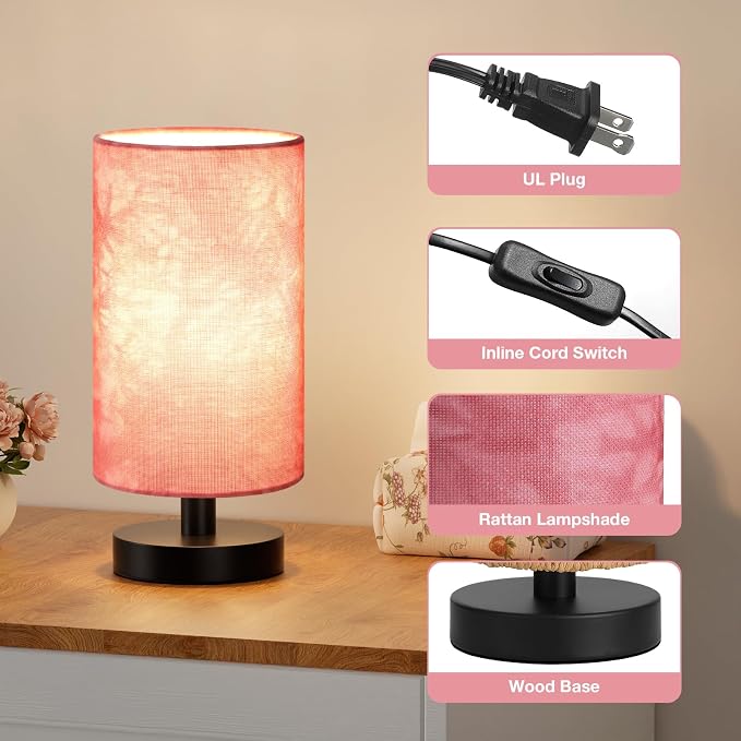 Small Table Lamps(Pink Shade - Black Base, 9" Inline Control) | 3000K LED Blub Included | 680 Lumens | Easy Assembly | Minimalist Design | E26 | for Kitchen | for Kids Room