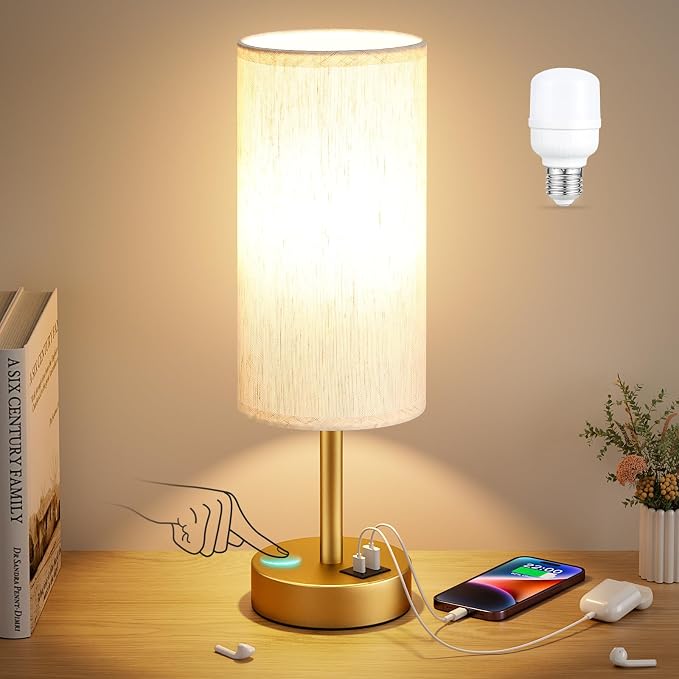 Dicoool Bedside Table Lamp for Bedroom - 3-Way Dimmable Touch Lamp, USB A+C | LED Bulb Included, 14" Small Nightstand Lamp for Desk, Living Room, Guest Room, Cream Fabric Lampshade, Gold Metal Base