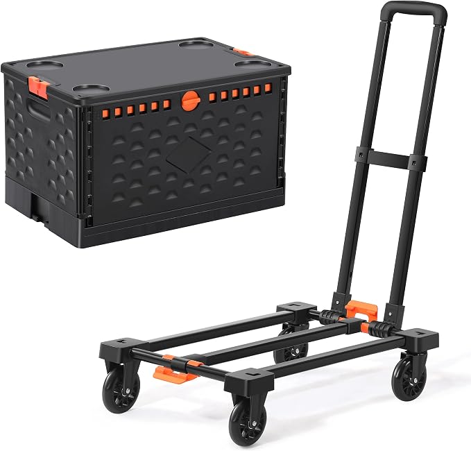 Folding Hand Truck + 2 Pack Collapsible Crate -Teacher Collapsible Rolling Cart with Wheels,Shopping Cart for Groceries,Crate On Wheels and Tote Basket,Mobile Storage for File
