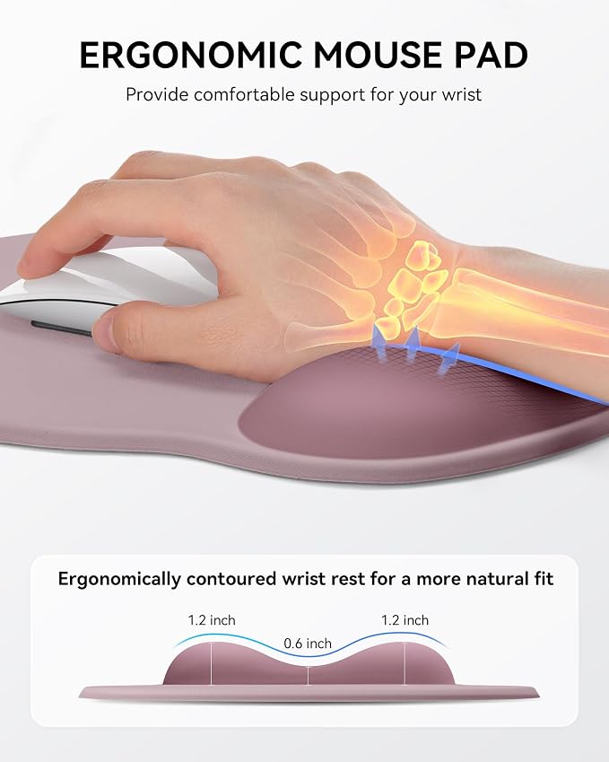 Mouse Pad with Wrist Rest for Desktop Large Ergonomic Mouse Mat(Rose Pink) | 10.6''L x 9''W Size, Gel Wrist Support, Non-slip Base, Washable Surface, Laptop Mousepad