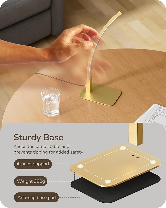 EDISHINE Curved LED Table Lamps for Living Room, Modern Bedside Lamp, Gold | 3 Color Temperature & Stepless Dimming, Aluminum & Iron, Silicone Lampshade, Ideal for Living Room, Office