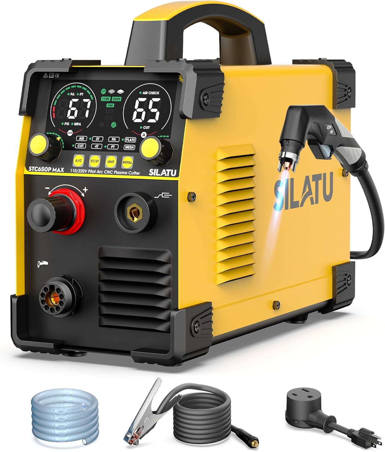 SILATU CNC Plasma Cutter Machine, 65Amp Blow Back Pilot Arc Air Sensor Technology, Large Screen Display, 110V/220V Dual Voltage Non-Touch CNC Plasma Cutting Machine, 16mm Clean Cutting Thickness