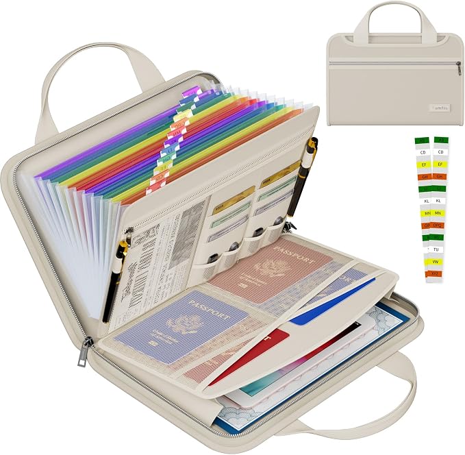 Tamfile Fireproof Accordion File Organizer, Expanding File Folder, Beige | 13 Pocket Colorful, Handle, Zipper & Labels, Multi-Pockets Paper Organizer, for Letter A4 Files, Home, Office, School