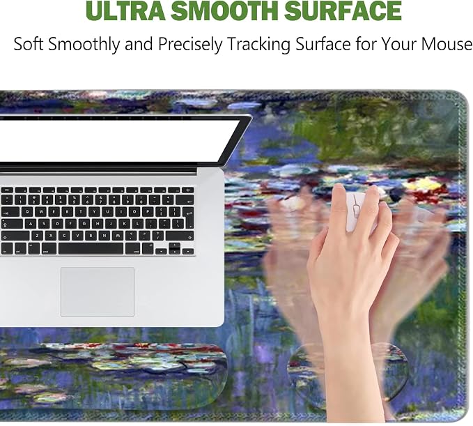 ToLuLu Extended Gaming Mouse Pad, Ergonomic Keyboard Mouse Wrist Rest Set | Large Desk Mat with Stitched Edges, Non-Slip Base Memory Foam Support Mousepad for Home Office Game, Monet Water Lilies