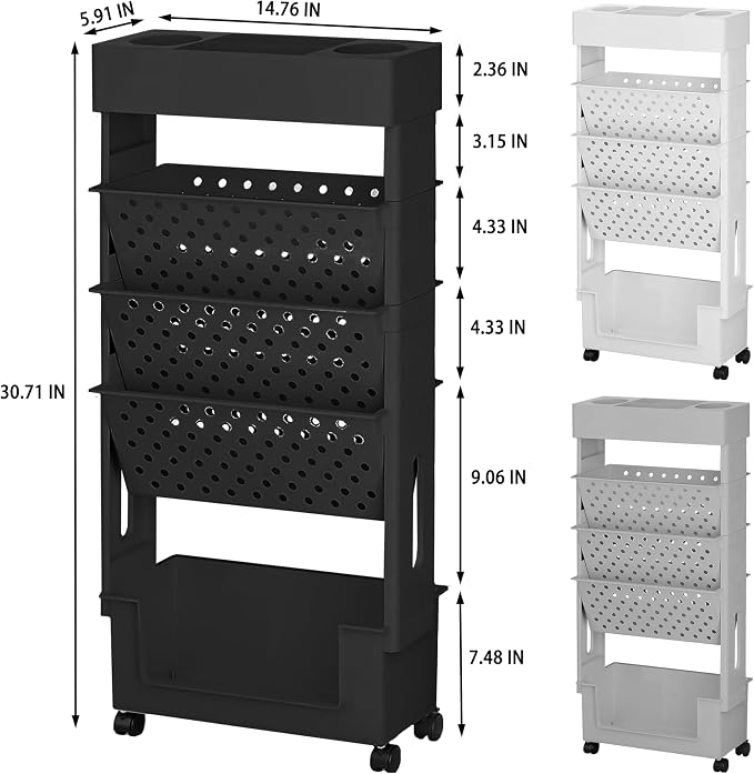 BYFU 5-Tier Rolling Bookshelf Cart, 30.7" H, Black | Movable with Wheels, File Paper Storage Organizer, For Home Office Study Classroom