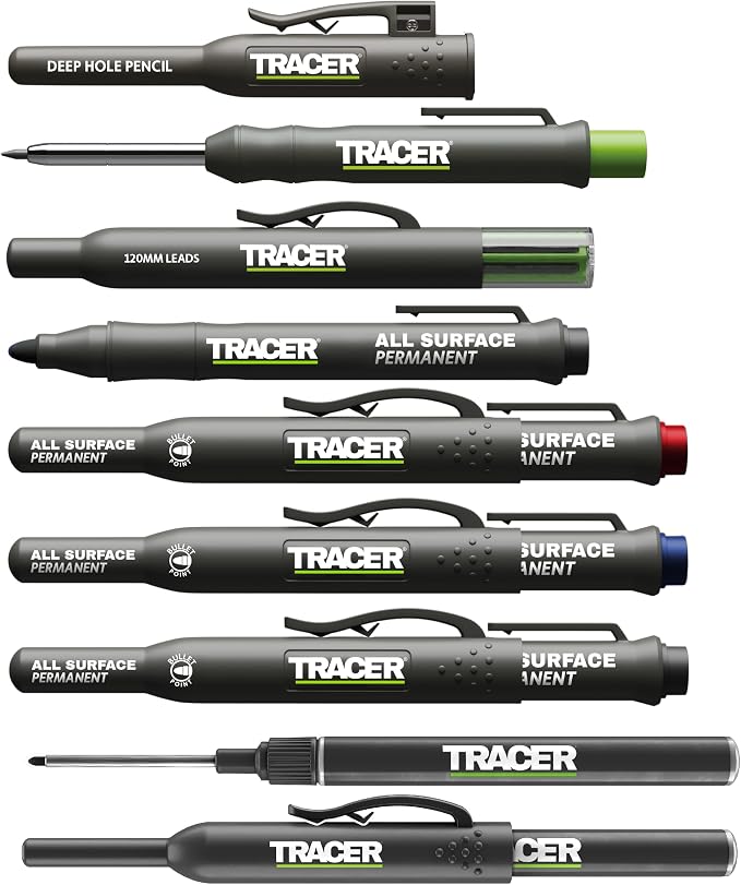 Tracer 8 Piece Construction Marker Kit - Carpenter Pencil Set | Deep hole marking pen, clog-free construction markers, 2.8mm leads, magnetic storage case