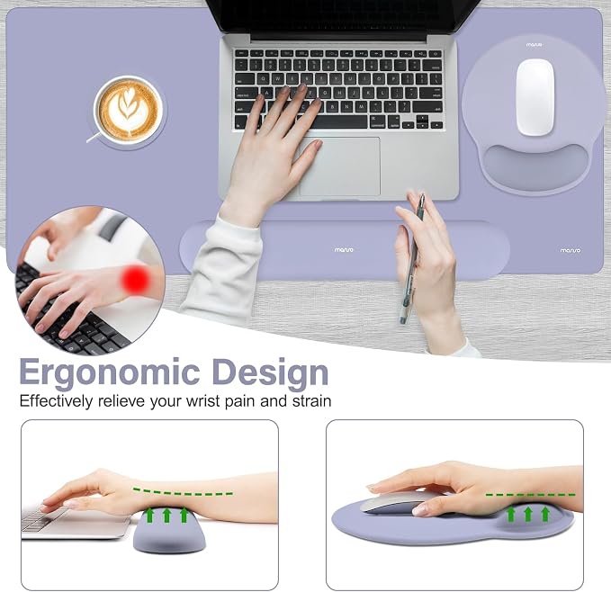 MOSISO Wrist Rest for Mouse Pad Set, Large Gaming Deskpad, Lavender Gray | Circle Curved Mousepad&Keyboard Wrist Rest&Coaster, Ergonomic Non-Slip Mousepad&Easy Typing Pad with Silicone Lining