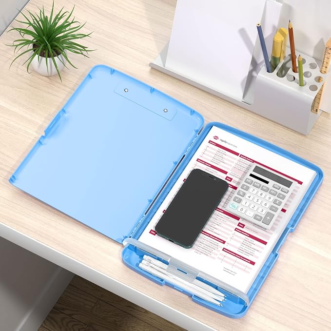 Rimilak Clipboard with Storage, 8.5 x 11'' High Capacity Clip Board, Blue | Smooth Writing, Side-Opening Plastic Folder with Pen Holder, Size 14.2 x 9.6 x 1.2″ ,for Classroom, Teacher, Student