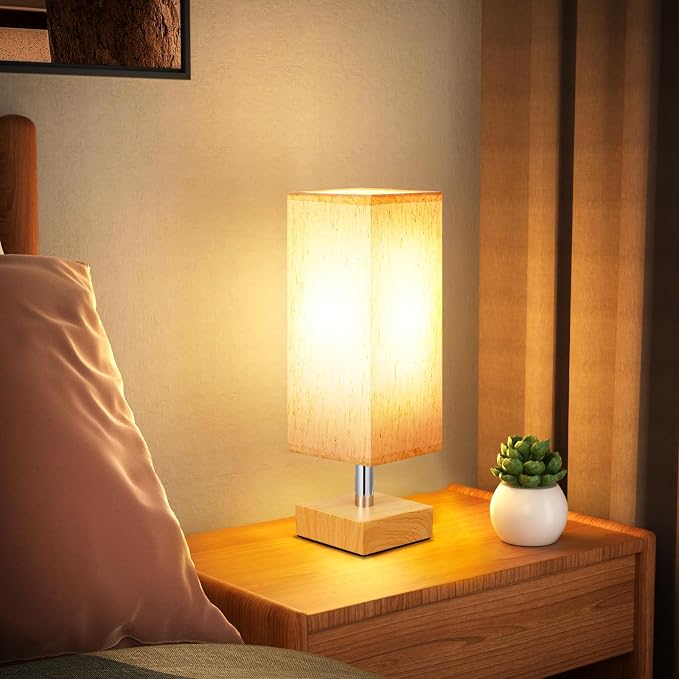 Wood-Grain Small Bedside Lamp for Bedroom - Square Cream Fabric Shade | Inline Rocker Switch, Corded Electric, Bulb Not Included, 12.8" Mini Table Lamp for Nightstand, Desk, Dorm, Office