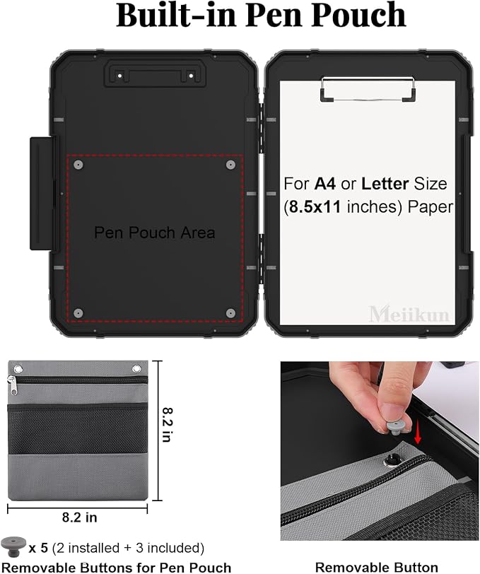 Meiikun Clipboard with Storage, Rugged Shockproof Protective, Internal Pen Pouch & Metal Clip, Heavy Duty Plastic Clip Boards 8.5x11, High Capacity Contractor Folder for School Office (Black)