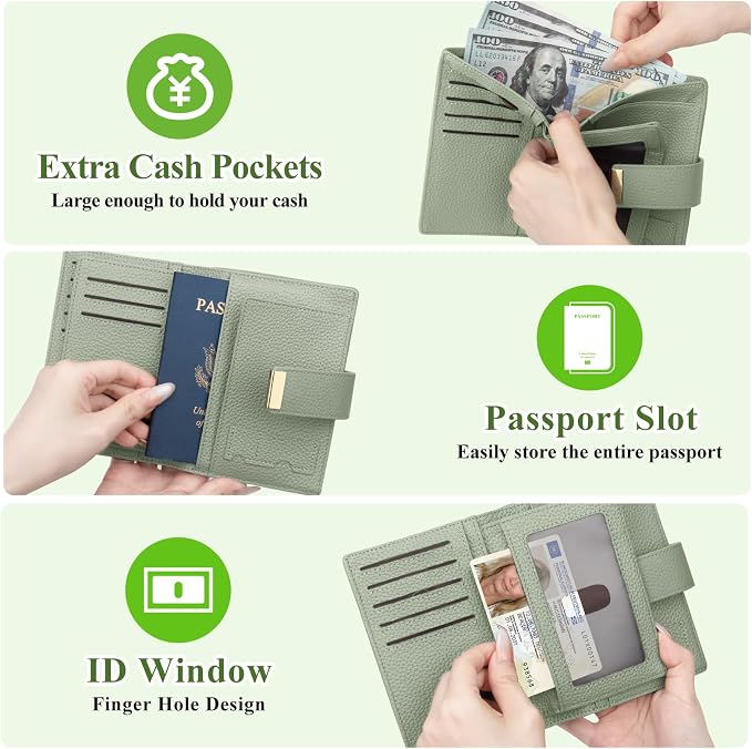 BKNOOU RFID Blocking Passport Holder with Airtag Slot- Leather Travel Passport Wallet for Women & Men, Slim Bifold Travel Passport Holder Holds Cards & Tickets & Cash (Green)