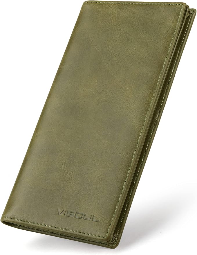 VISOUL Leather Checkbook Cover Wallet for Men with RFID Blocking, Mens Long Bifold Cash Tall Wallet with 11 Credit Card Slots 1 ID Window (Olive Green)