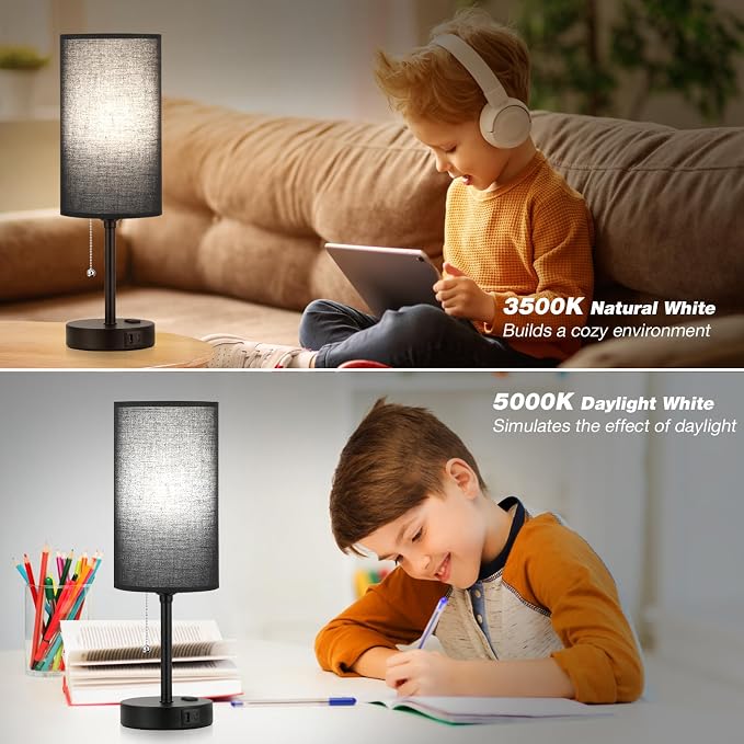 17in Bedside Table Lamp for Bedroom, Desk Lamp with USB Ports for Dorm | 17" Night Stand Lamp, USB A+C Ports, AC Outlet, 3 Color Temperatures, LED Bulb Included, Black Fabric Shade, Matte Black Base