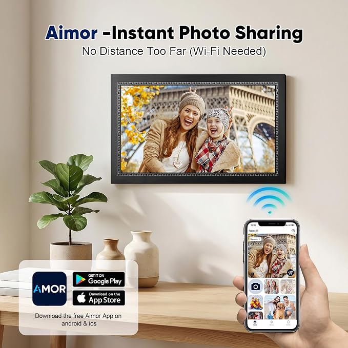 Digital Picture Frame 15.6 Inch Digital Photo Frame with 64GB Storage, 1920 * 1080 IPS FHD Touchscreen, WiFi Smart Frame Share Photos and Videos Instantly from Anywhere via AiMOR App
